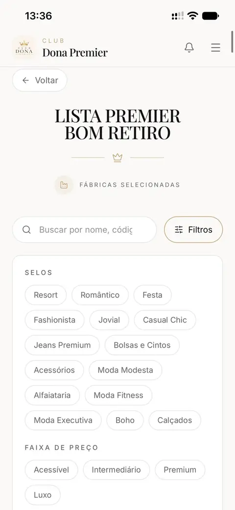 Filtros da Lista Premier do Bom Retiro